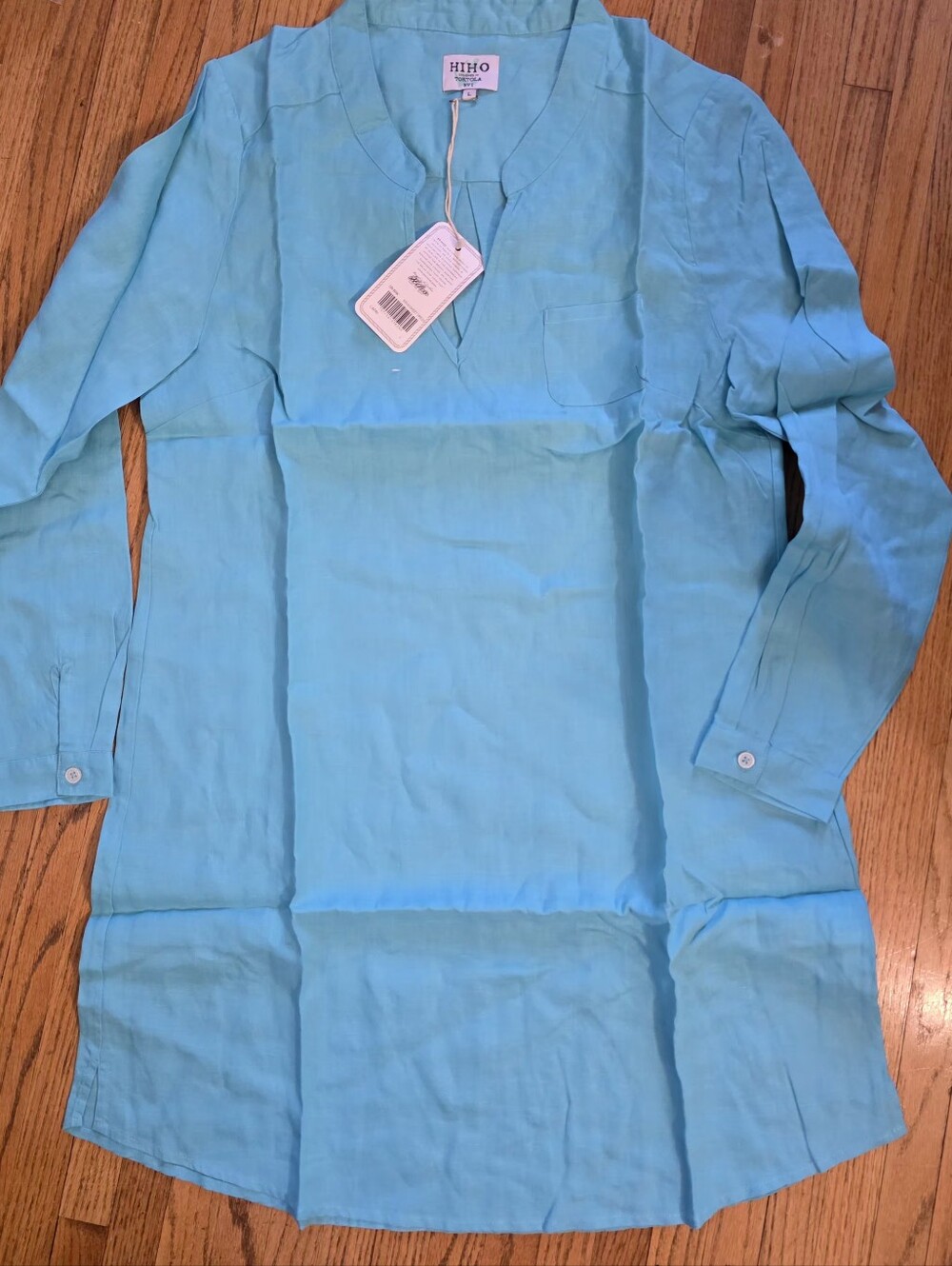 Hiho Bananakeet Dress Light Teal/Blue V-Neck Linen Tunic Dress - Picture 2 of 5